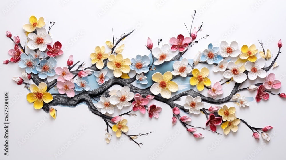 Poster a bunch of paper flowers that are on a tree branch in the shape of a branch with leaves and flowers 