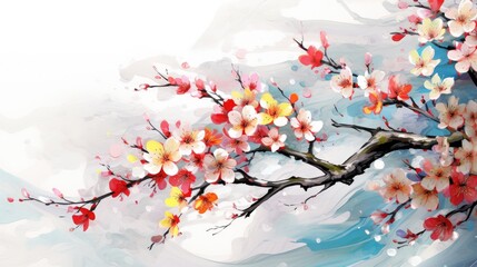 a painting of a blossoming tree branch with red, yellow, and white flowers on a blue and white background, with a white sky in the back ground.  generative ai