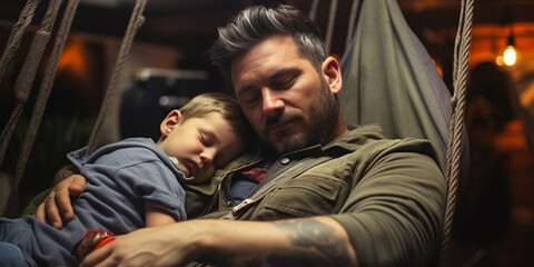 Dad Cherishing Bedtime with Baby Boy in His Arms - obrazy, fototapety, plakaty