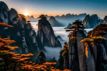 Papier Peint photo Monts Huang The enchanting beauty of the Huangshan mountains unfolds at sunrise, with the first light painting the landscape in warm hues.  generative ai technology