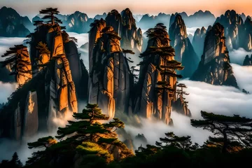 Papier Peint photo autocollant Monts Huang The enchanting beauty of the Huangshan mountains unfolds at sunrise, with the first light painting the landscape in warm hues.  generative ai technology