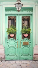  a green door with two potted plants on each of the doors and a light fixture on the side of the door and a light fixture on the side of the door.  generative ai
