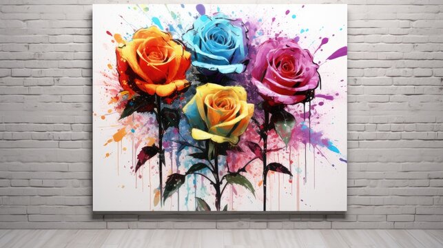  a painting of multicolored roses on a white brick wall with a white brick wall behind it and a white brick wall with a white brick wall behind it.  generative ai