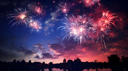 Fototapeta na wymiar Fireworks in the night sky poster web PPT background, digital technology background