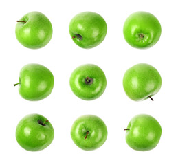 Set of green ripe apples. Granny smith apples. Isolated on transparent background. Top view. Png.