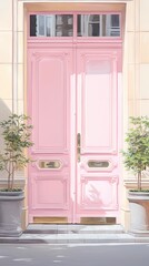  a painting of a pink door with potted plants on either side of the door and a potted plant on the other side of the door, in front of the door.  generative ai