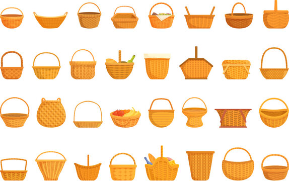 Wicker basket icons set cartoon vector. Picnic snack wicker. Meal party