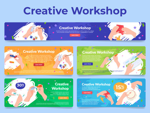 Creative workshop drawing painting art sale discount landing page internet banner set vector