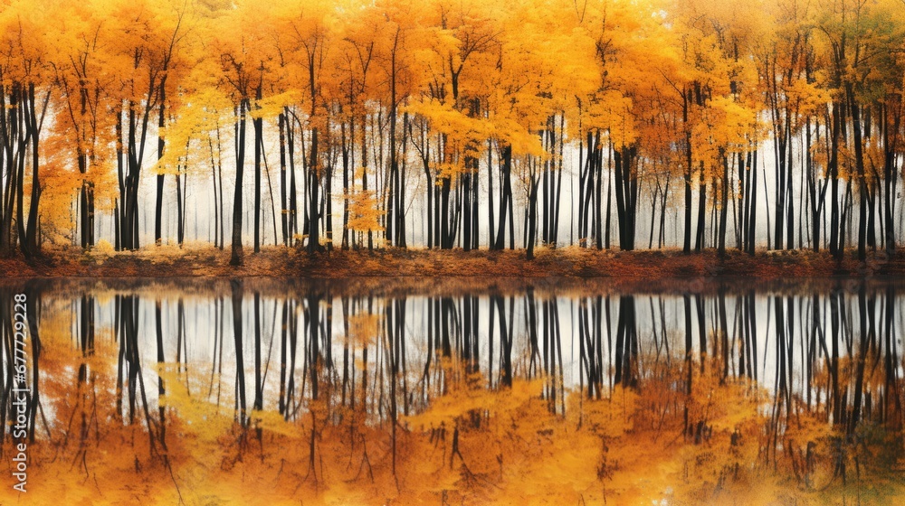 Poster a large body of water surrounded by trees with yellow leaves on the trees and in the background is a