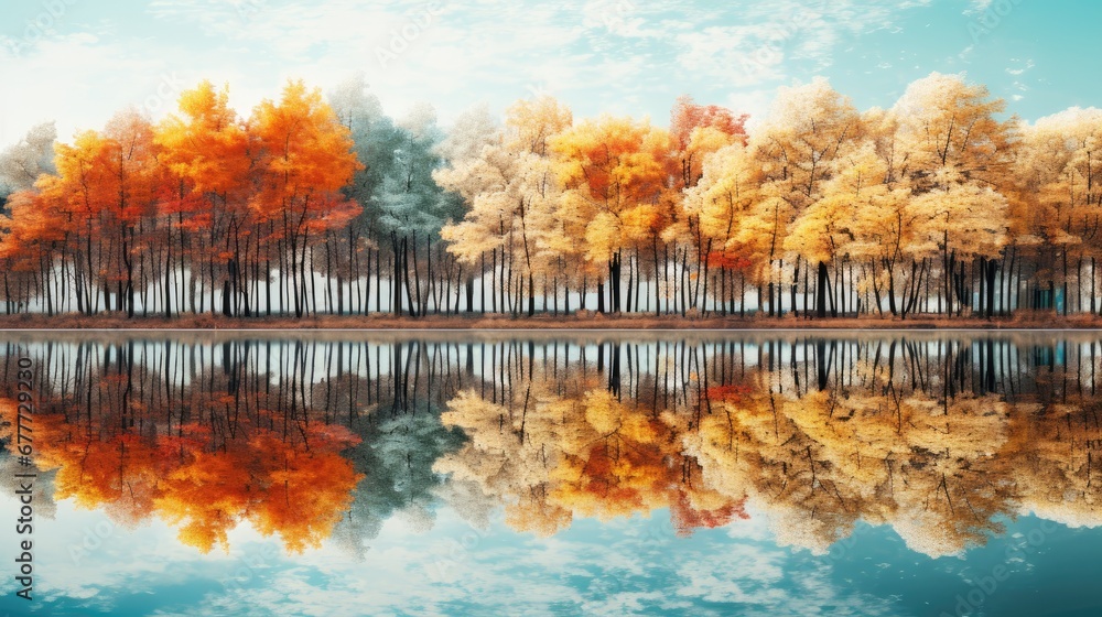 Poster a group of trees next to a body of water with orange and yellow leaves on the trees in the foregroun