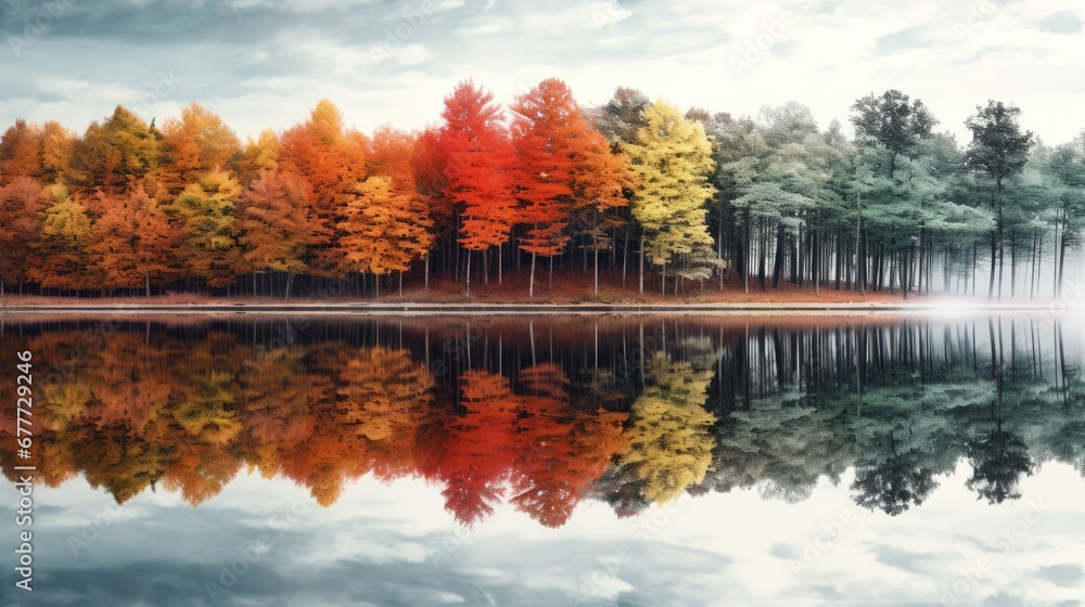 Poster a group of trees that are next to a body of water with water in the foreground and a few trees in th