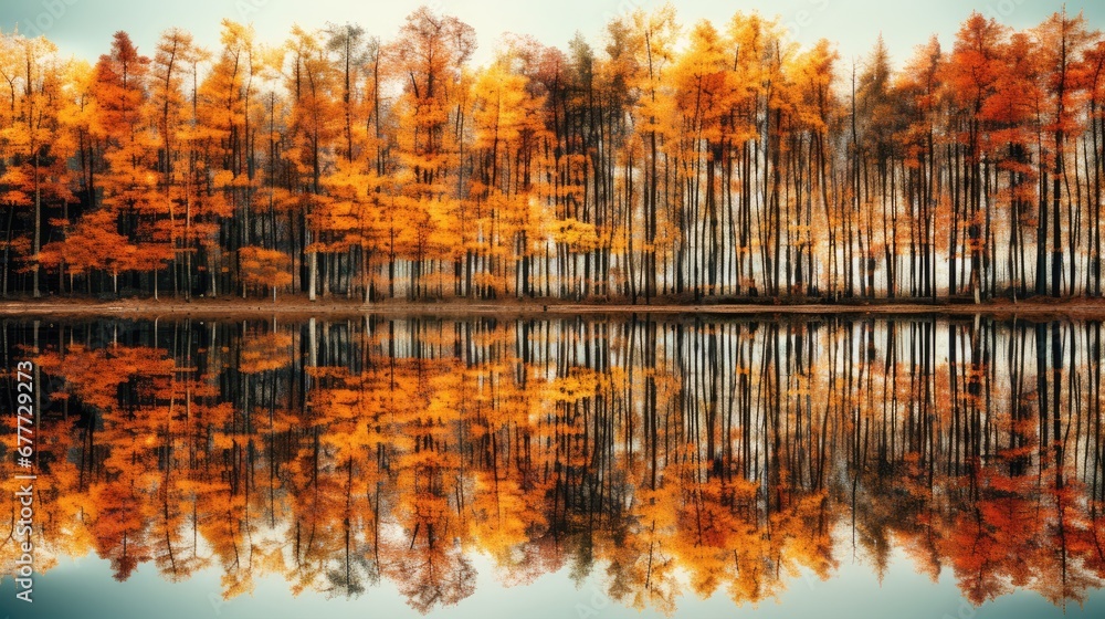 Poster a forest filled with lots of trees next to a body of water with lots of orange and yellow trees in t