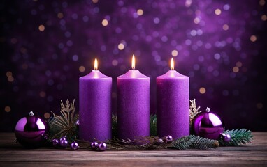 Obraz na płótnie Canvas Four Purple Candles With Mystery Lights