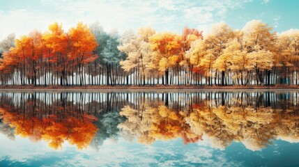  a group of trees next to a body of water with orange and yellow leaves on the trees in the foreground and a blue sky with clouds in the background.  generative ai