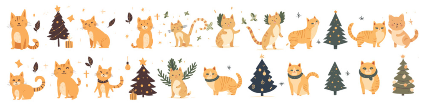 Large set of cartoon cats at various activities stretching. Funny comic feline animals, naughty kitties playing with Xmas fir tree. Flat vector illustration on white for design elements