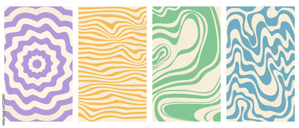 Wall mural vector set of retro groovy vertical posters. twisted and distorted backgrounds. vector illustration