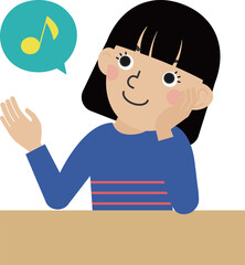 机の前で上機嫌で考え事をしている長袖の服を着た黒髪の日本人女性