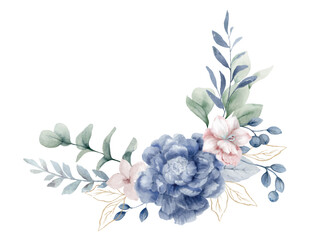 Watercolor vector floral bouquet. Dusty blue, soft blush flowers and eucalyptus greenery illustration. Arrangement for wedding, stationery, invitations, decoration. Hand drawn illustration. - obrazy, fototapety, plakaty