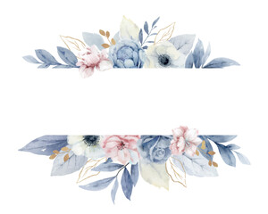 Watercolor vector floral banner. Dusty blue, soft blush flowers and branches. Arrangement for wedding, invitations, cards, decoration. Hand drawn illustration.