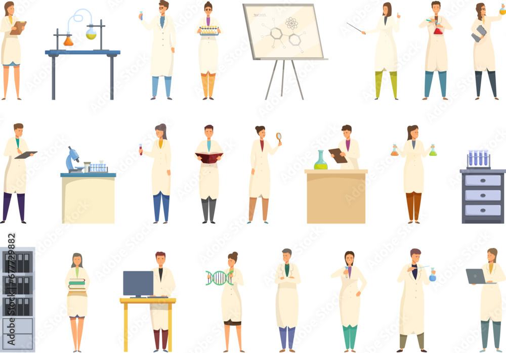 Poster student in university laboratory icons set cartoon vector. boy experiment. lab invention