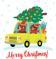 
Christmas card with cute bears in the car - 677729824