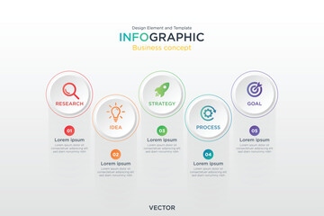 infographic business concept. Circle Text Box 5 Business Steps Design Element and Template on Background White Light Mode