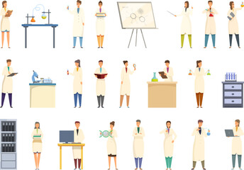 Student in university laboratory icons set cartoon vector. Boy experiment. Lab invention - obrazy, fototapety, plakaty