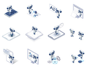 Vector isometric illustration set of Artificial intelligence AI robot