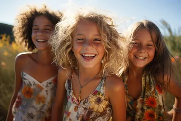 Poster Grupo de amigos alegres niños con caras sonrientes posando en al aire libre en un día soleado de otoño, los niños y las niñas emocionados que se divierten durante la actividad en la naturaleza. © Crowded Studio