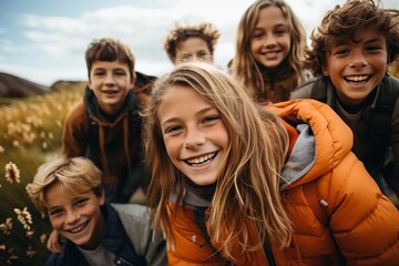 Grupo de amigos alegres niños con caras sonrientes posando en al aire libre en un día soleado de otoño, los niños y las niñas emocionados que se divierten durante la actividad en la naturaleza. - obrazy, fototapety, plakaty