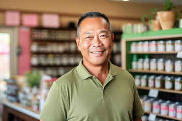 Asian Shop Owner's Smiles of Achievement. His hard work pays off as he proudly opens his store.