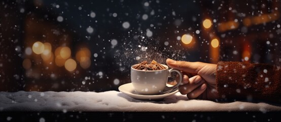 Obraz na płótnie Canvas a person's hand holding a cup of hot chocolate and sprinkled with cinnamon on a snowy day.