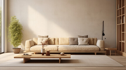Japandi living room interior with cozy beige couch modern