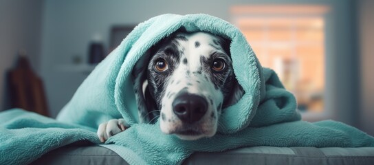  a black and white dog with a blue blanket on it's head is looking at the camera while laying on a bed.