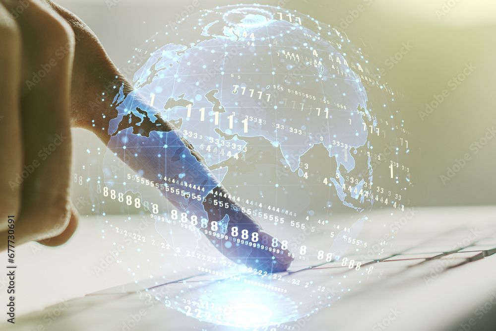 Poster double exposure of abstract creative programming illustration with world map and hand typing on lapt