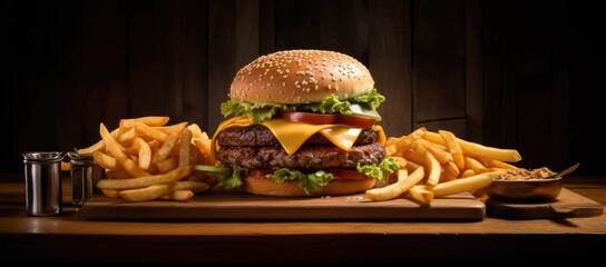  a hamburger with cheese, lettuce, and tomato on a cutting board with french fries on the side.