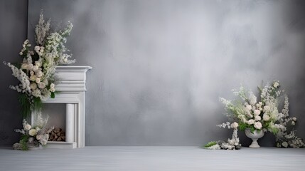  a couple of white vases sitting on top of a table next to a fire place with flowers on each side of the fireplace and a gray wall in the background.  generative ai - obrazy, fototapety, plakaty