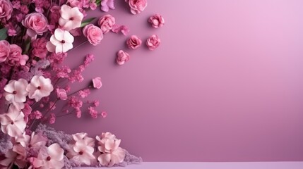 a bunch of pink flowers are on a pink background with space for a text or an image to put on a card or brochure for a special occasion.  generative ai