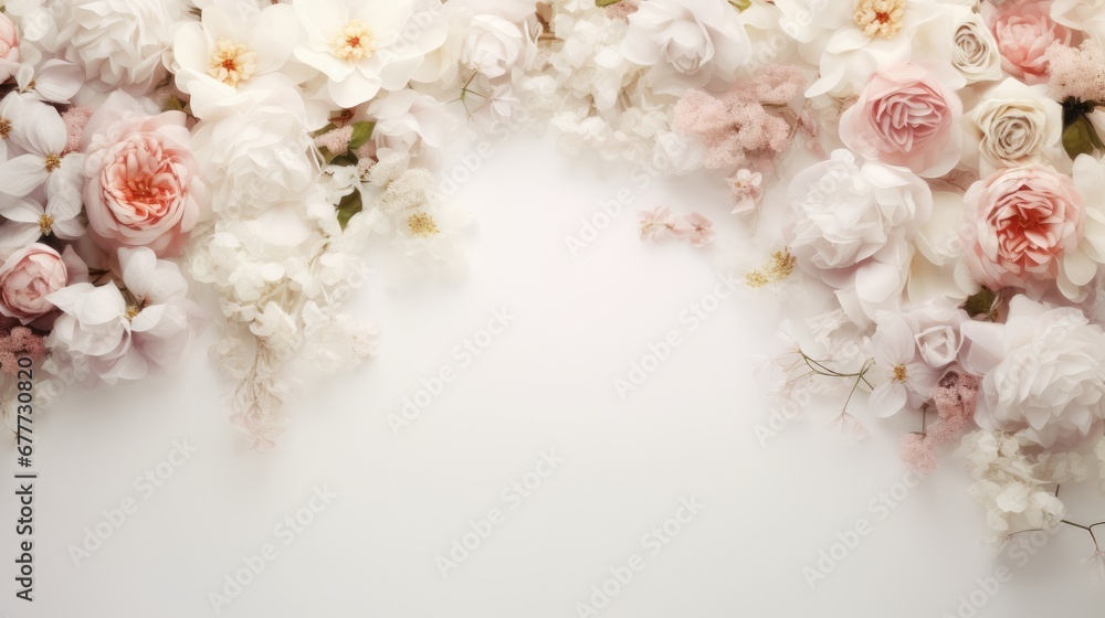 Poster  a close up of a bunch of flowers on a white background with a place for a text or an image to put on the back of the back of the image.  generative ai