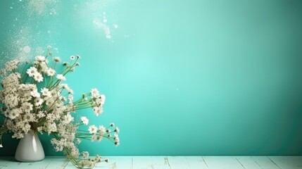  a vase filled with white flowers sitting on top of a wooden table next to a blue wall with bubbles coming out of the top of the top of the vase.  generative ai