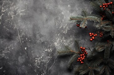  a branch of a christmas tree with red berries and a pine cone on a dark background with space for text.