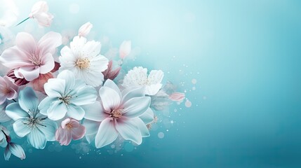 Fototapeta na wymiar a bouquet of white and pink flowers on a blue background with a boke of white and pink flowers on a blue background with a boke of white and pink flowers. generative ai