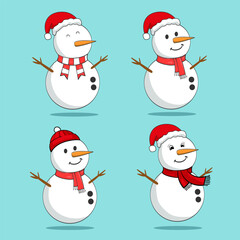 Set of snowmen.collection of funny snowmen in hats wrapped in scarves.
