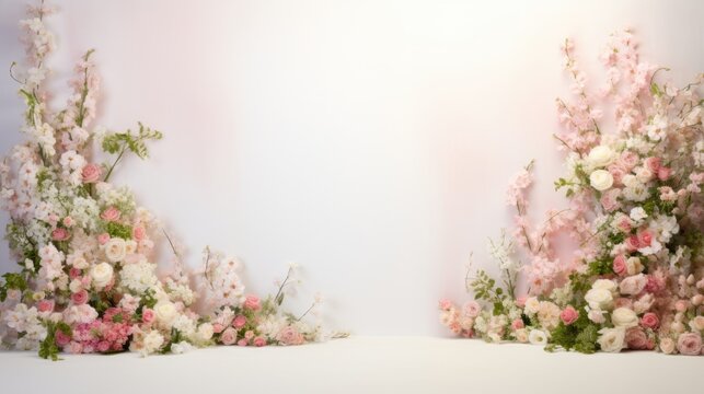  a group of pink and white flowers next to each other in front of a white wall with pink and white flowers on the side of the wall and the wall.  generative ai