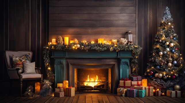  a living room with a christmas tree and a fire place with presents on the floor and a christmas tree in the corner of the room.