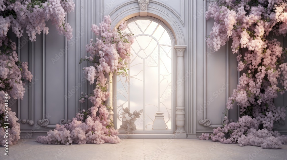 Poster a room with a large window and a bunch of pink flowers on the side of the room and a door with a win