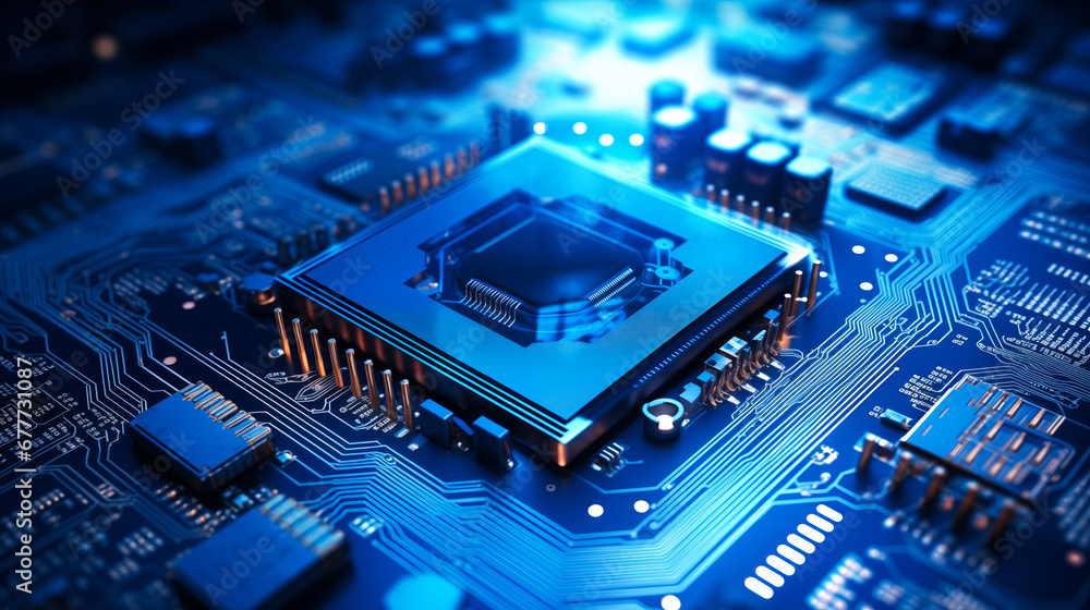 Poster concept cpu microchip for ai and data network. close-up view of modern chip gpu card with circuit bl