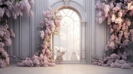 Fototapeta na wymiar a room with a large window and a bunch of pink flowers on the side of the room and a door with a window on the other side of the room. generative ai