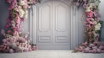 Fototapeta na wymiar a white door with a bunch of pink and white flowers on it and a white tile floor in front of the door is a white wall with a white door. generative ai