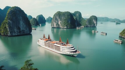 At Ha Long Bay, a beautiful tourist cruise ship floats among limestone rocks. This UNESCO World Heritage Site is a stunning natural gem in northern Vietnam.